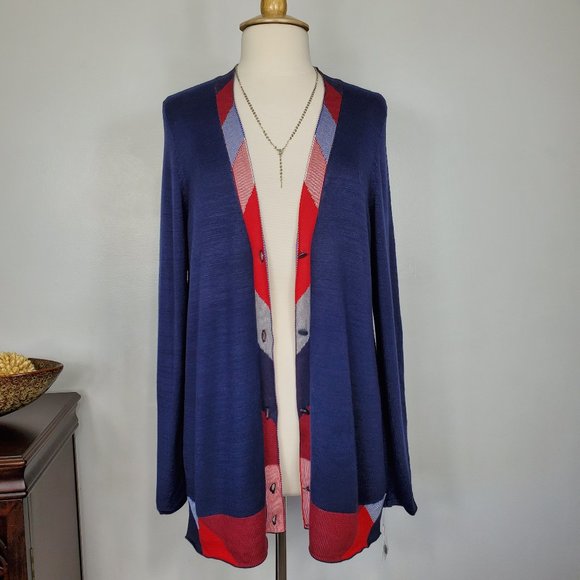 Charter Club Navy Red Button Front V-Neck Preppy Dark Academia Cardigan Size L - Picture 2 of 9